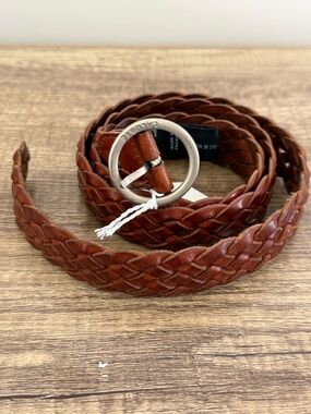 Lacoste Braided Leather Belt in Chestnut with Round Silver Buckle